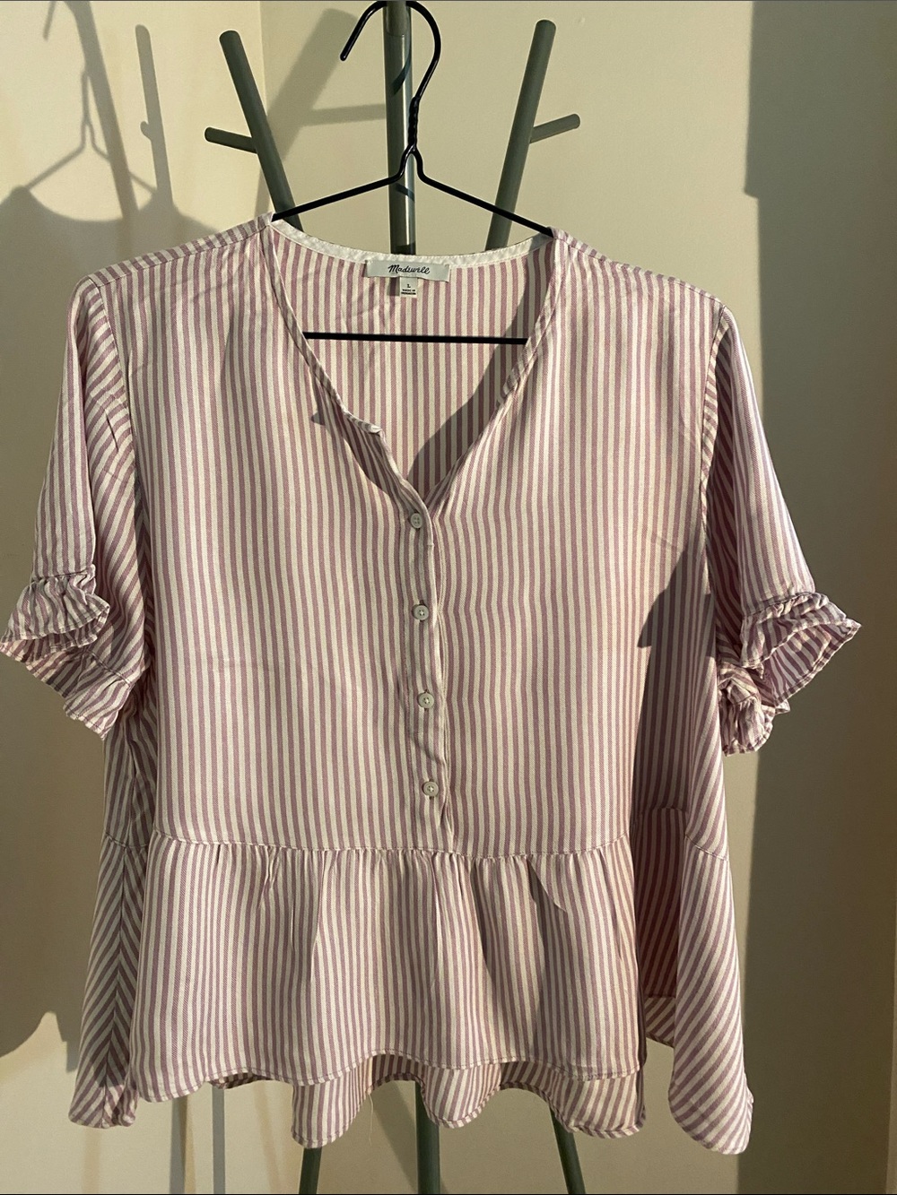 Madewell Purple and White Striped Peplum Button Top